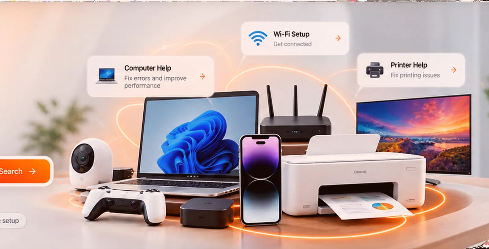 Computer, laptop, Wi-Fi router, phone, printer and technology devices